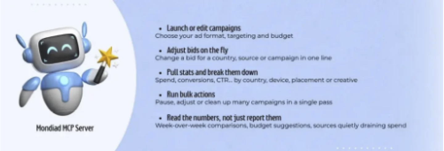 What the Mondiad MCP server can do, from launching campaigns to bulk actions