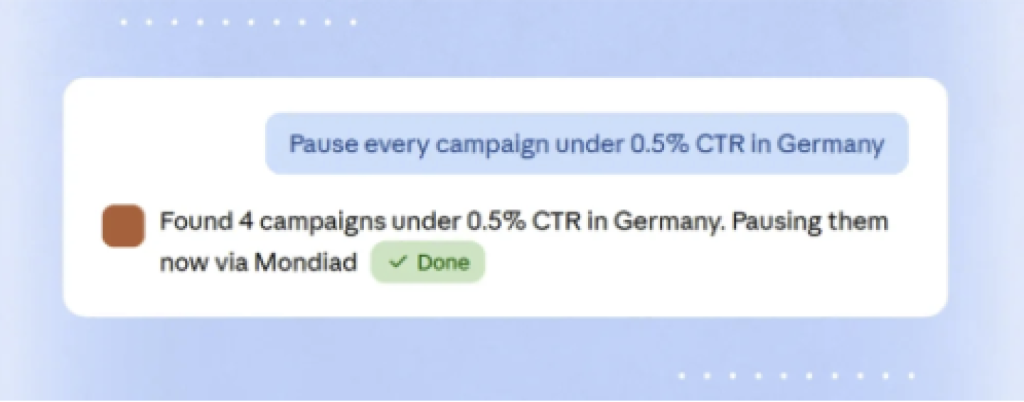 An AI assistant pausing low CTR Mondiad campaigns in Germany on request